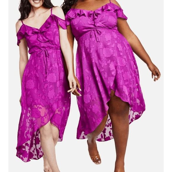 BCX Plus Size Off-The-Shoulder Ruffled Asymmetrical-Hem Tie-Waist Jacquard Dress - Picture 1 of 10